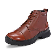 Men Premium Leather Police Lace-Up Ankle Boots with Side Zipper | Fully Stitched Sole for Durability & Comfort (V-Trainer-75-Tan)
