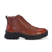 Men Premium Leather Police Lace-Up Ankle Boots with Side Zipper | Fully Stitched Sole for Durability & Comfort (V-Trainer-75-Tan)