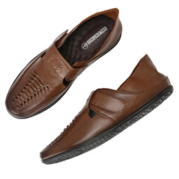 Men Premium Leather Mocca Shoe-Style Sandals with Velcro Closure (CityWalker-35-Mocca)