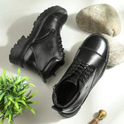 Men Premium Leather Police Lace-Up Ankle Boots with Side Zipper | Fully Stitched Sole for Durability & Comfort (V-Trainer-75-Black)