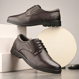 Men Premium Leather Brown Lace-Up Formal Derby Shoes (Earth-55-Brown)