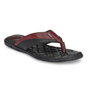 Men Premium Leather Bordo/Black Casual V-Strap Slipper (Turner-11-ST-Bordo-Black)
