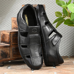 Valentino Men Genuine Leather Black Sandals with Cushioned Footbed and Durable Rubber Sole (CityWalker-25-Black)
