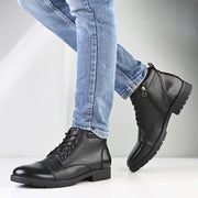 Men Premium Leather Lace-Up Ankle Boots with Side Zipper (Global-90-Black)