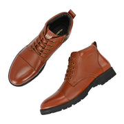 Men Premium Leather Police Lace-Up Ankle Boots with Side Zipper (Global-90-Tan)