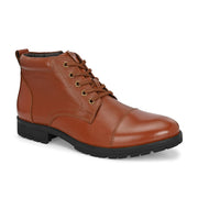Men Premium Leather Police Lace-Up Ankle Boots with Side Zipper (Global-90-Tan)