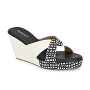 Women Crisscross Black & White Wedge Slides (W-AF-11-BLACK-WHITE)