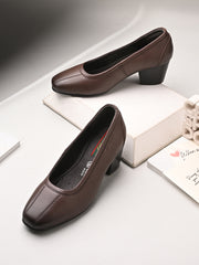 Women Premium Leather Block Heel Pump  (W-Alice-21-Brown)