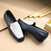 Women Premium Leather Slip On Loafers (W-Comfina-10-Navy-White)