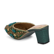 Women Ethnic Embellished Block Heel Mules (W-KI-07-GREEN)