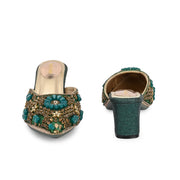 Women Ethnic Embellished Block Heel Mules (W-KI-07-GREEN)