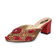 Women Ethnic Embellished Block Heel Mules (W-KI-07-MEHROON)