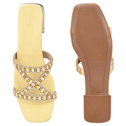 Women Stone Work Cross Strap Ethnic Flats (W-MT-10-YELLOW)
