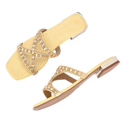 Women Stone Work Cross Strap Ethnic Flats (W-MT-10-YELLOW)
