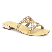 Women Stone Work Cross Strap Ethnic Flats (W-MT-10-YELLOW)