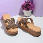 Women Embellished Platform Slides (W-MT-28-BROWN)