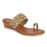 Women Antique Gold Jeweled Toe-Ring Wedges (W-MT-47-ANTIGOLD)