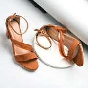 Women Block Heel Sandals with Ankle Strap & Back Zip (W-RST-071-TAN)