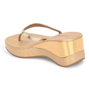 Women Partywear Stone Embellished V Strap Wedge Slippers (W-RST-079-GOLD)