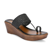 Women Braided Wedge Heel Slip-On Sandals (W-RST-103-BLACK)