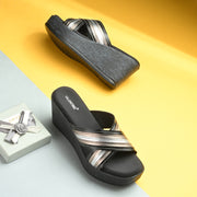 Women Cross Strap Wedge Heels (W-RST-112-BLACK-GUNMETAL)