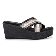 Women Cross Strap Wedge Heels (W-RST-112-BLACK-GUNMETAL)