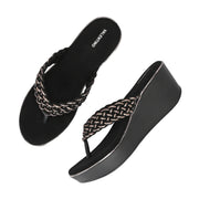 Women Braided Platform Wedge Thong Sandals (W-RST-113-BLACK)