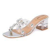 Women Transparent Silver Studded Block Heels (W-RST-121-SILVER)
