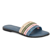 Women Multi-Color Strap Flat Slides – Blue Base (W-RST-123-BLUE-MULTI)