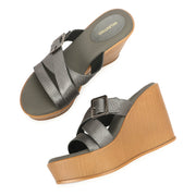 Women Gunmetal Cross Strap Wedge Sandals with Buckle (W-RST-124-GUNMETAL)