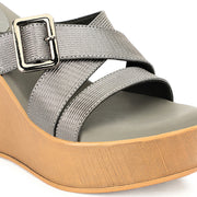 Women Gunmetal Cross Strap Wedge Sandals with Buckle (W-RST-124-GUNMETAL)
