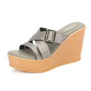 Women Gunmetal Cross Strap Wedge Sandals with Buckle (W-RST-124-GUNMETAL)