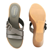 Women Gunmetal Cross Strap Wedge Sandals with Buckle (W-RST-124-GUNMETAL)