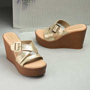 Women Cross Strap Wedge Sandals with Buckle (W-RST-124-LIGHTGOLD)