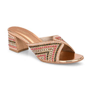 Women Partywear Embroidered Block Heel Sandal (W-RST-126-ROSEGOLD)