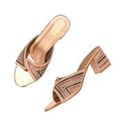Women Partywear Embroidered Block Heel Sandal (W-RST-126-ROSEGOLD)
