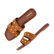 Women Tan Studded Cross Strap Flat Slide (W-RST-142-TAN)