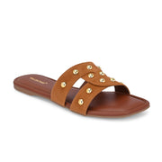 Women Tan Studded Cross Strap Flat Slide (W-RST-142-TAN)