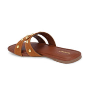 Women Tan Studded Cross Strap Flat Slide (W-RST-142-TAN)