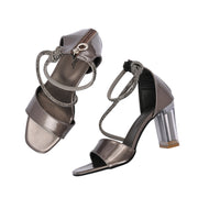 Women Block Heel Sandals with Ankle Strap & Back Zip (W-SHI-109-GUNMETAL)