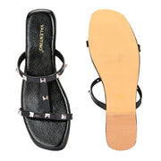 Women Black Patent Studded Flats (W-SHI-116-BLACK)