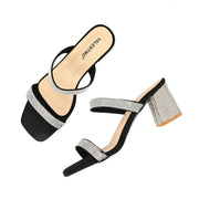 Women Black Crystal Block Heels (W-SHI-125-BLACK)