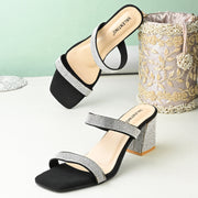 Women Black Crystal Block Heels (W-SHI-125-BLACK)