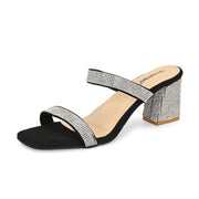 Women Black Crystal Block Heels (W-SHI-125-BLACK)