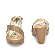 Women Gold Crystal Strap Slip-On Heels (W-SHI-76-GOLD)