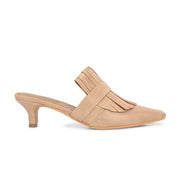 Women Beige Fringe Slip-On Kitten Heels (W-SHI-79-BEIGE)