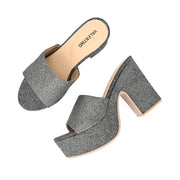 Women Grey Glitter Platform Block Heels (W-SHI-85-GREY)