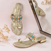 Women Stylish Golden Glam Jeweled Flats (W-VI-23-GOLD)
