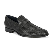 Men Premium Woven Leather Party Penny Loafers (Winston-10-Black)