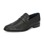 Men Premium Woven Leather Party Penny Loafers (Winston-10-Black)